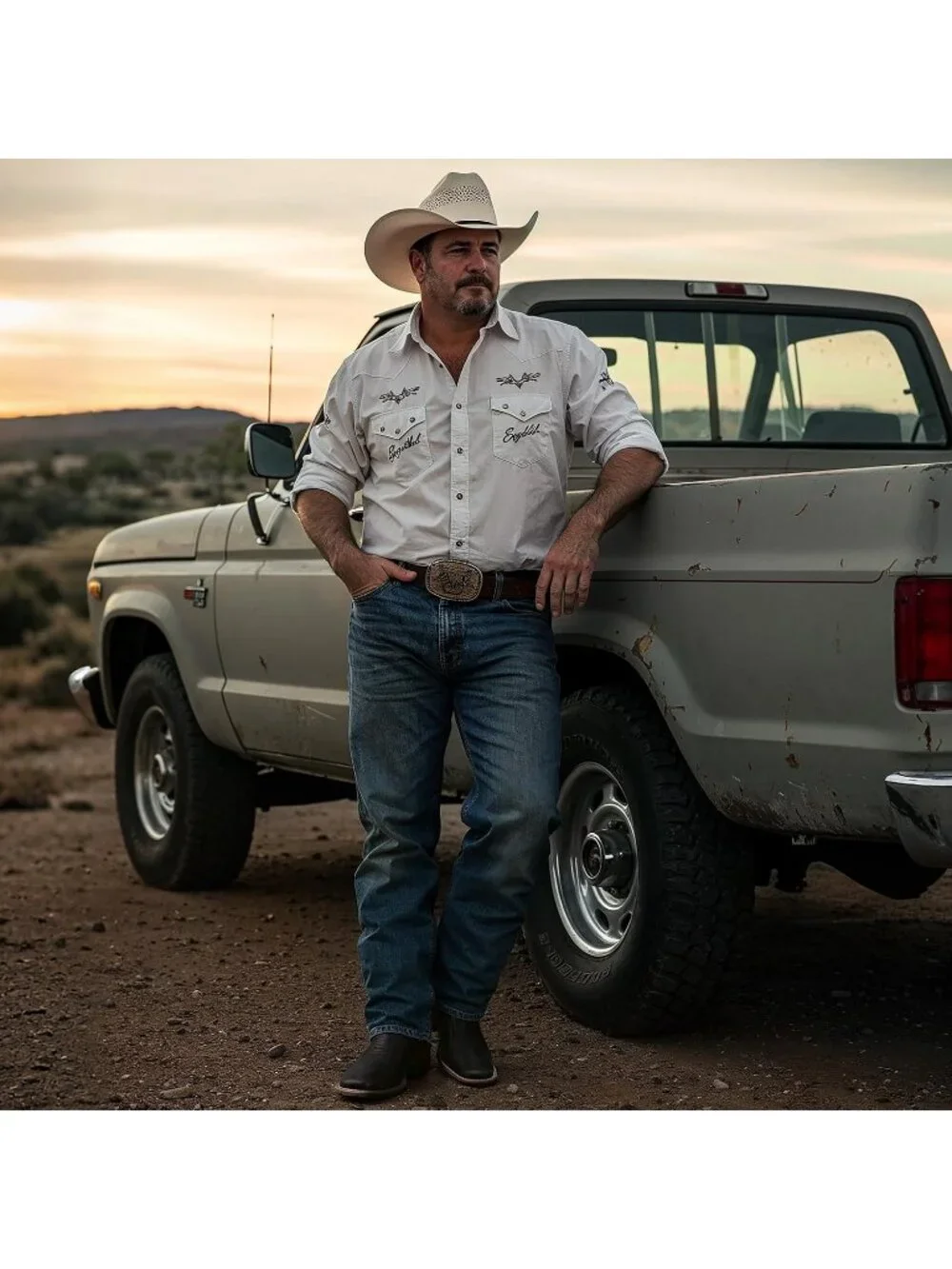Men's Black White Faux Leather Slip On Square Toe With Embroidered Cowboy Boot